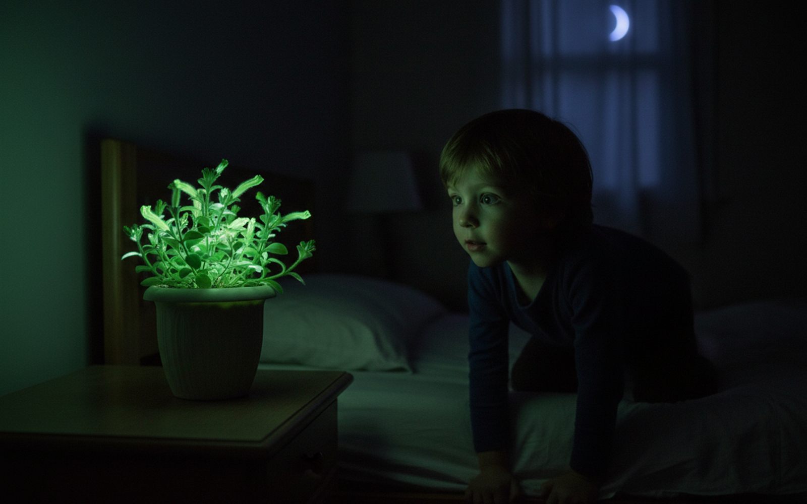 A child leans close to the glowing petunia in a dark bedroom, their face lit faintly green