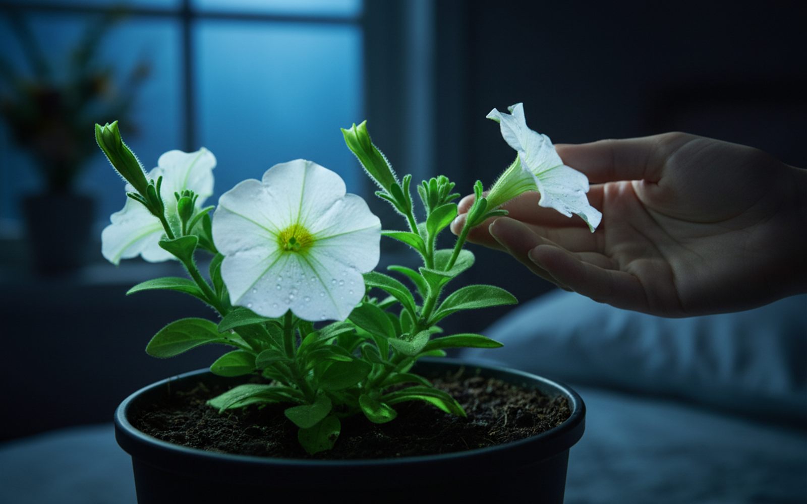 A petunia glowing soft green on a dark windowsill as a hand reaches out to touch one lit up bud.
