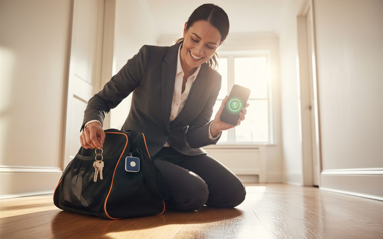 A commuter grins as chiming keys emerge from a gym bag's side pocket, phone in the other hand showing the ring button.