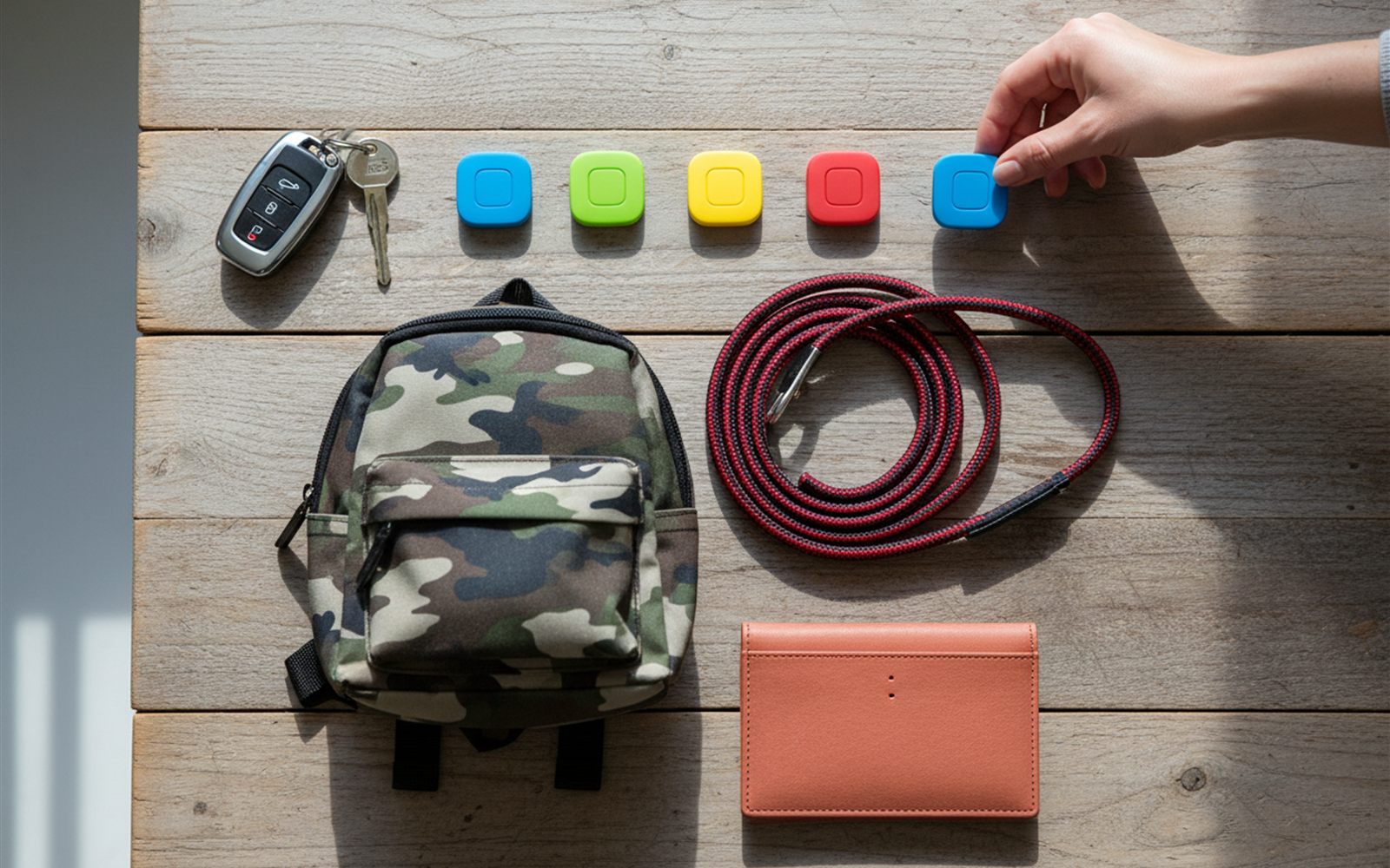 Four labeled tracker tags lie on a kitchen table beside keys, a backpack, a dog leash, and a travel wallet ready for tagging.