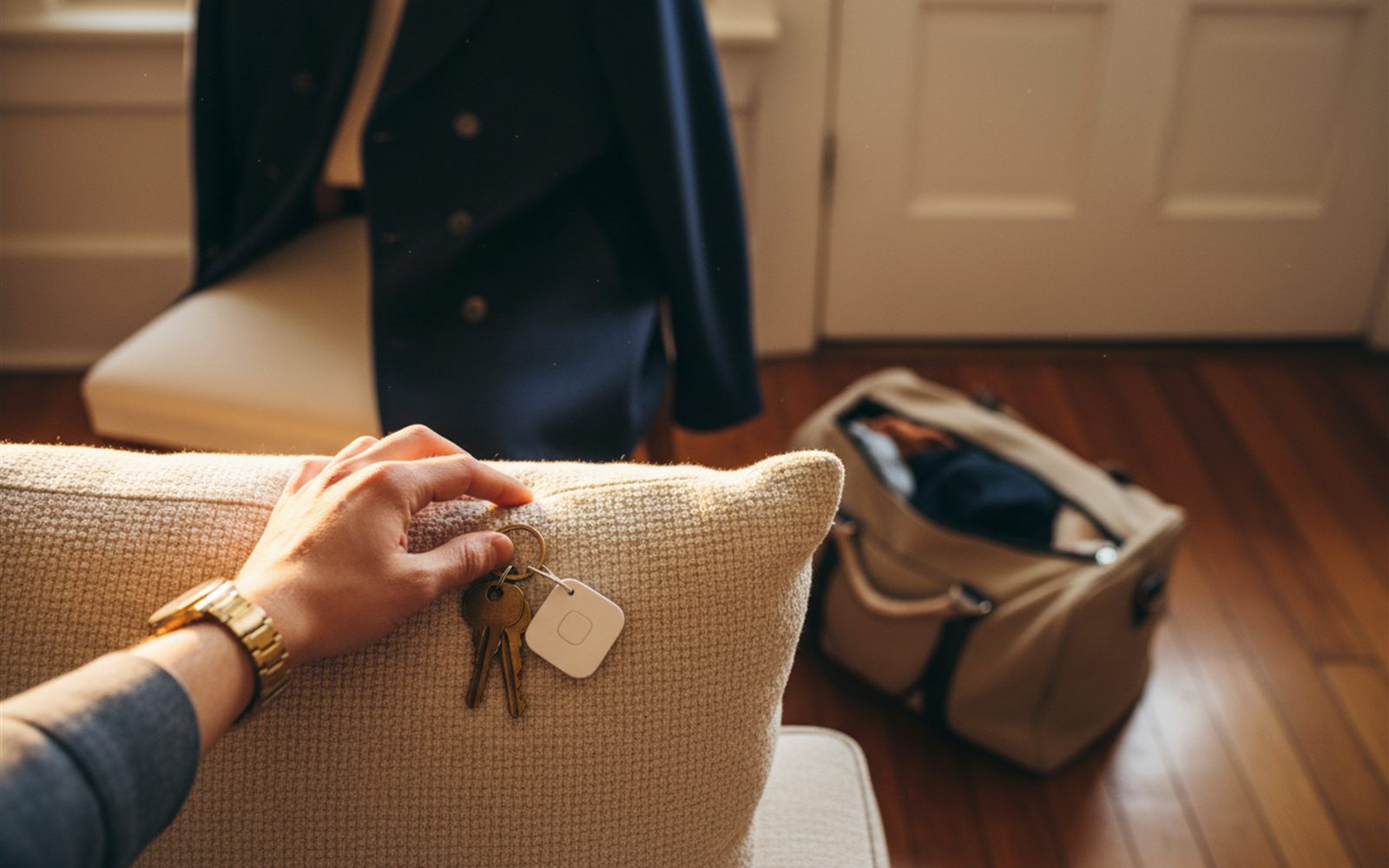 A hand lifts a couch cushion to reveal chiming keys with a small white tracker tag on the ring.