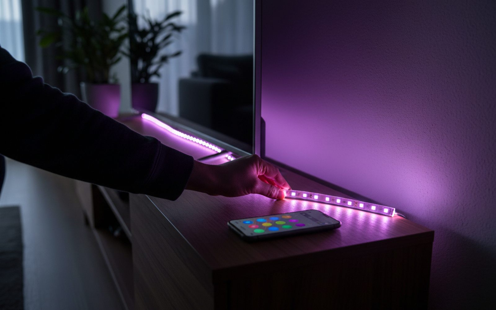 A person presses the light strip along the back edge of a TV console as a violet glow spills onto the wall behind it.