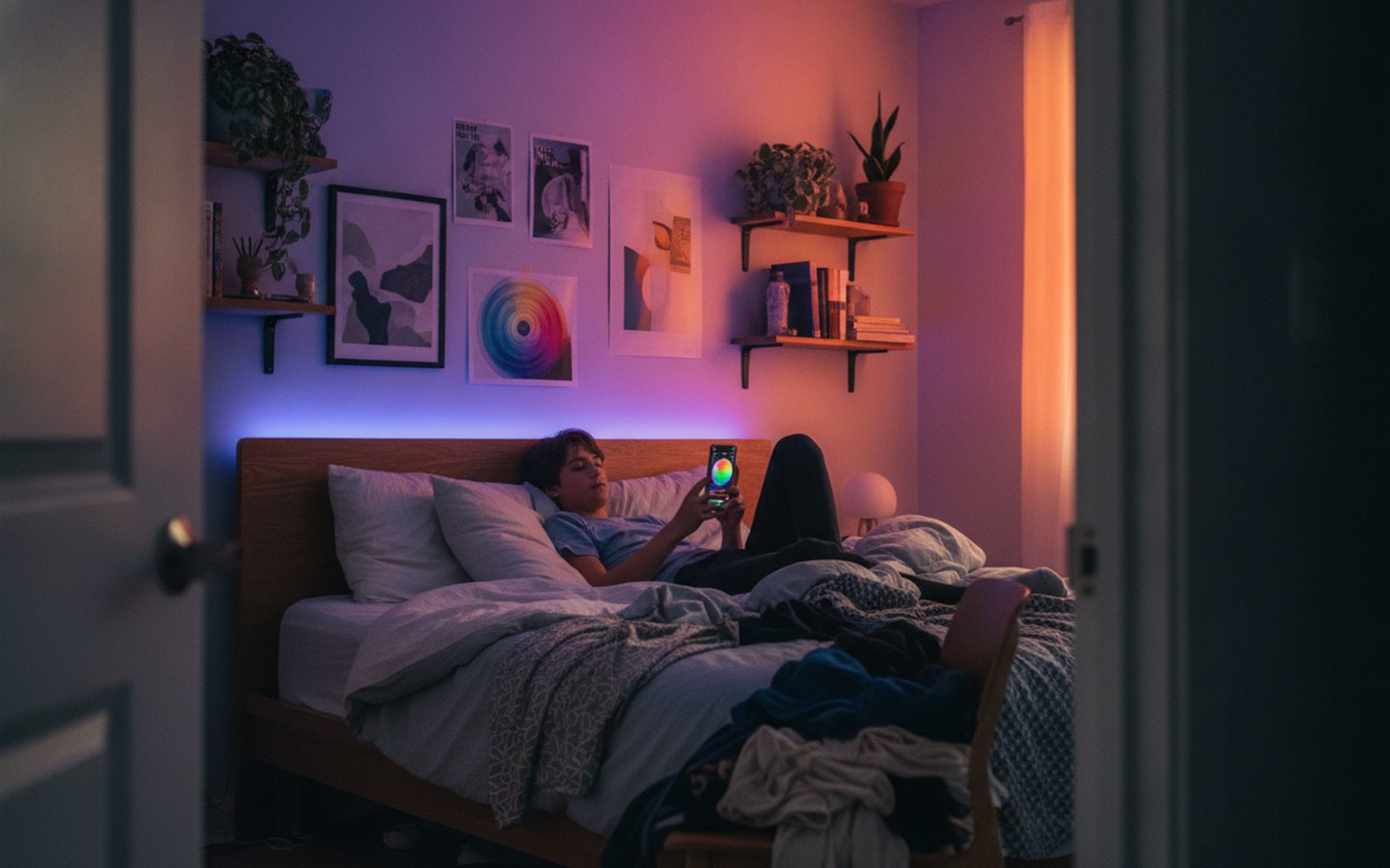 A teenager's bedroom wall shifts through a saved gradient scene while a phone screen shows the color painting app open.