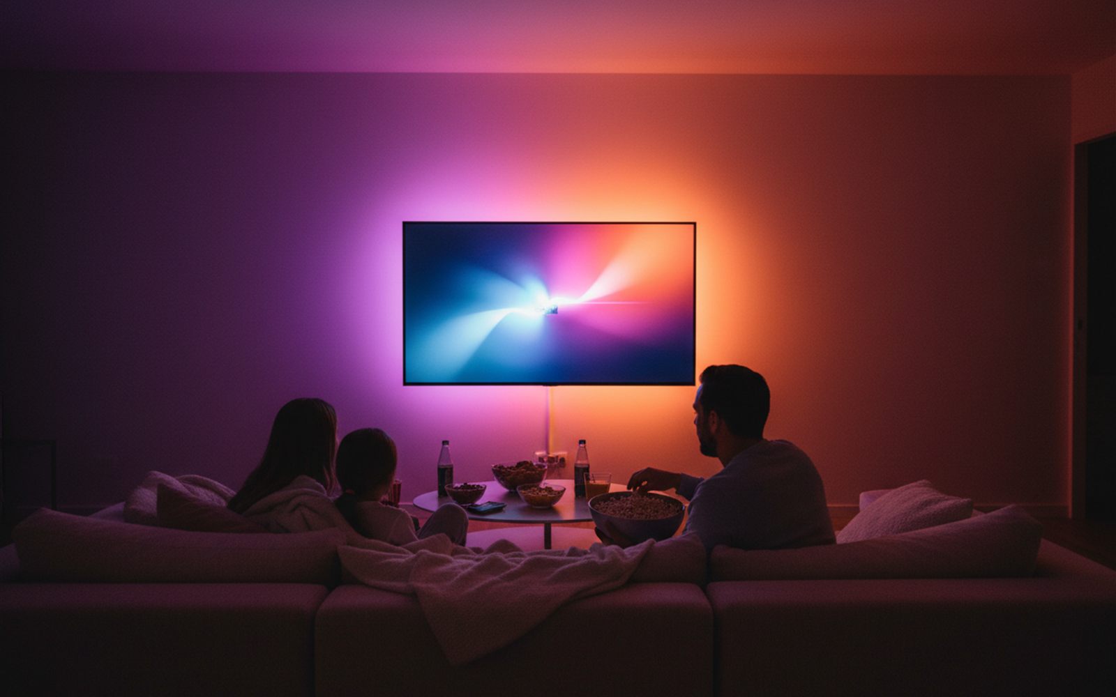 A family watches a movie in a living room glowing with a purple and orange gradient behind the TV.