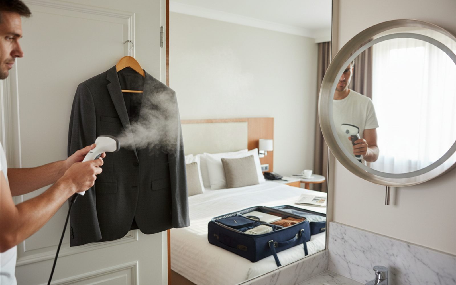 Steam blooms across a hanging linen dress as a traveler works the steamer down the fabric in a hotel room mirror.