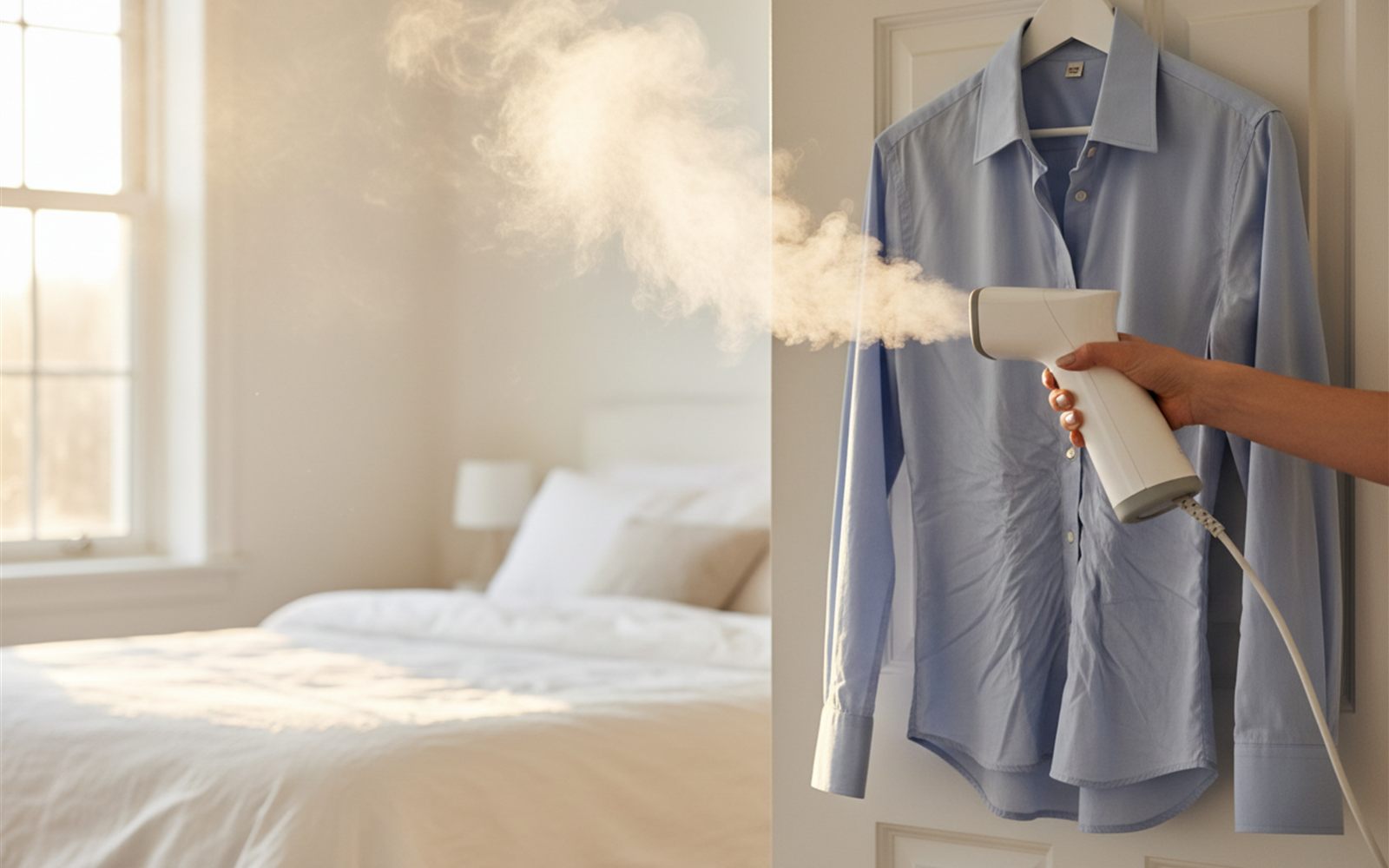 Steam curls from a small handheld steamer as it glides down a crisp shirt hanging on a door.