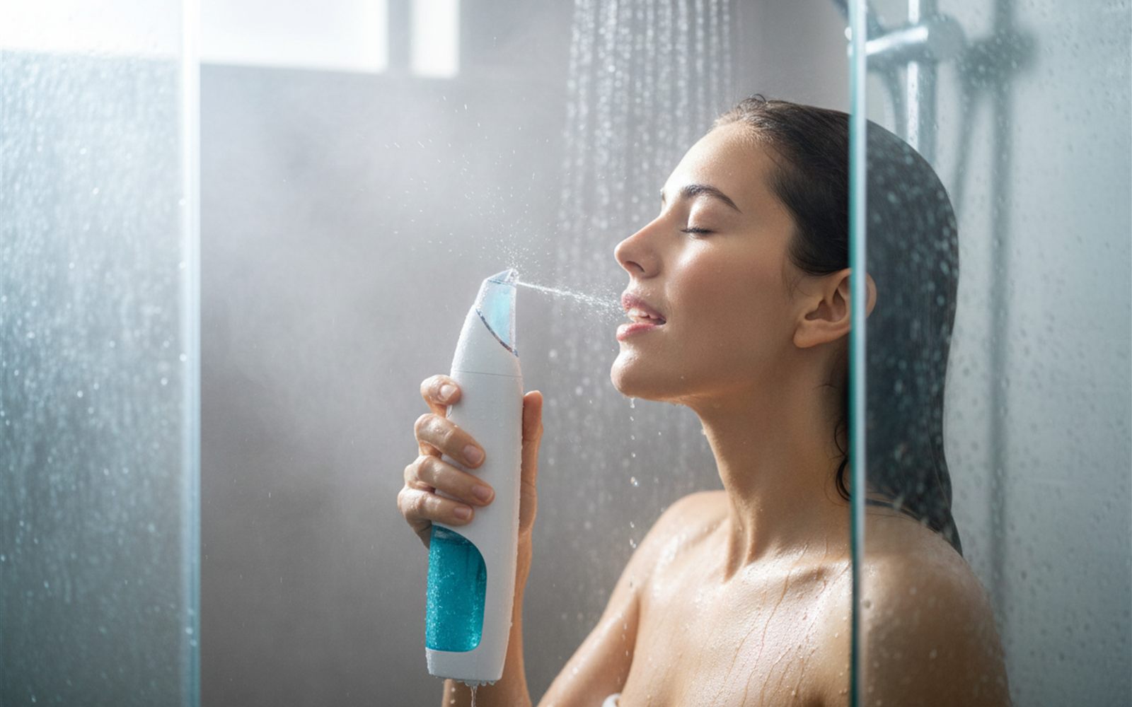 A person flosses comfortably in the shower as the cordless waterproof handle rinses clean under the warm spray.