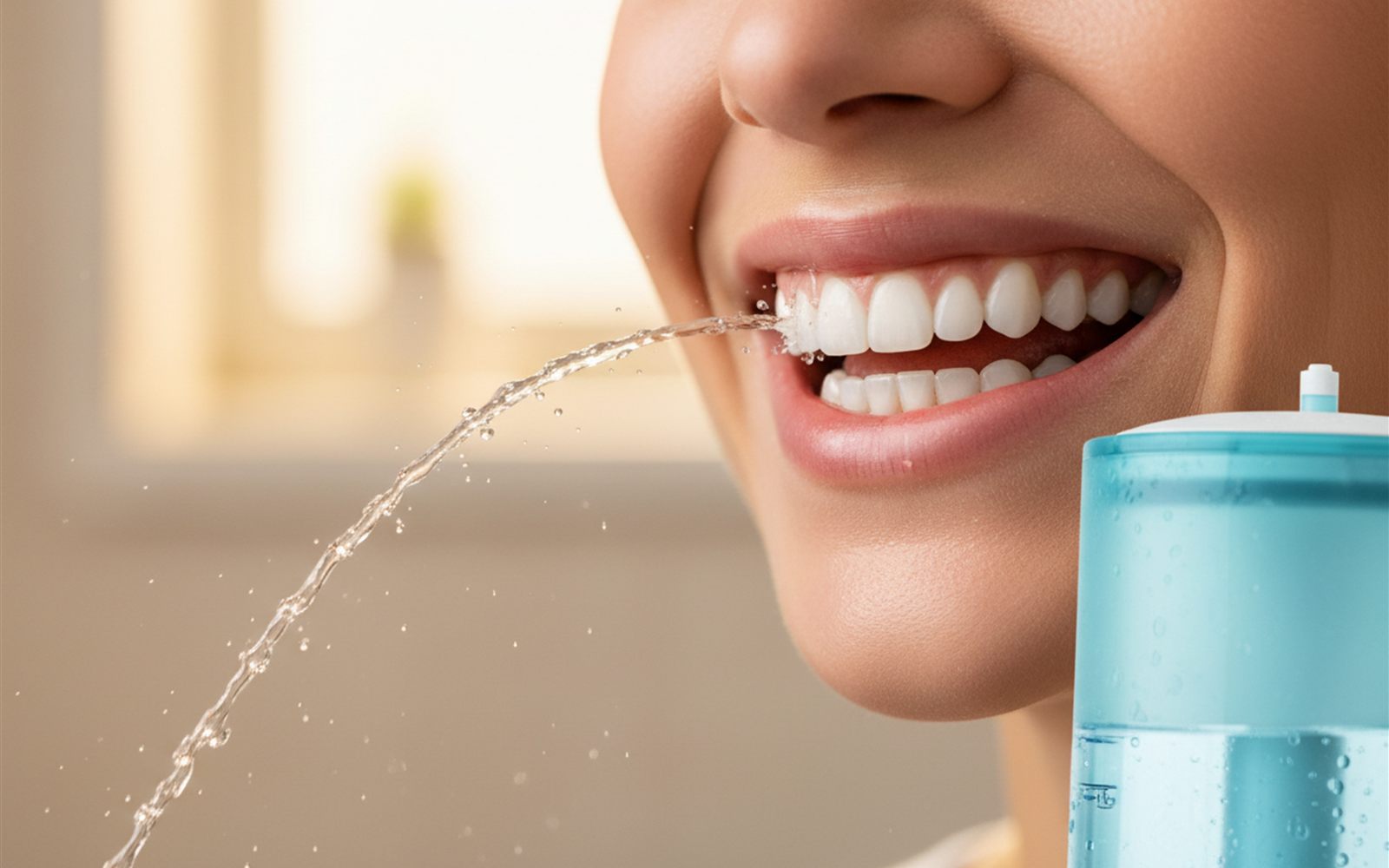 Close up of the fine pulsing water jet arcing precisely between front teeth with the tank window showing water level.