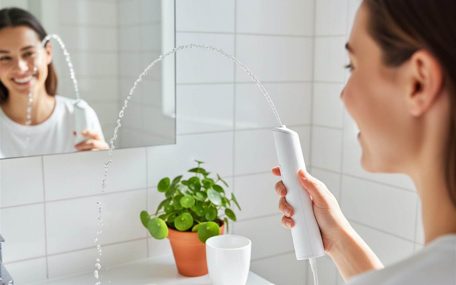 A slim cordless flosser arcs a fine stream of water between teeth at the bathroom mirror.