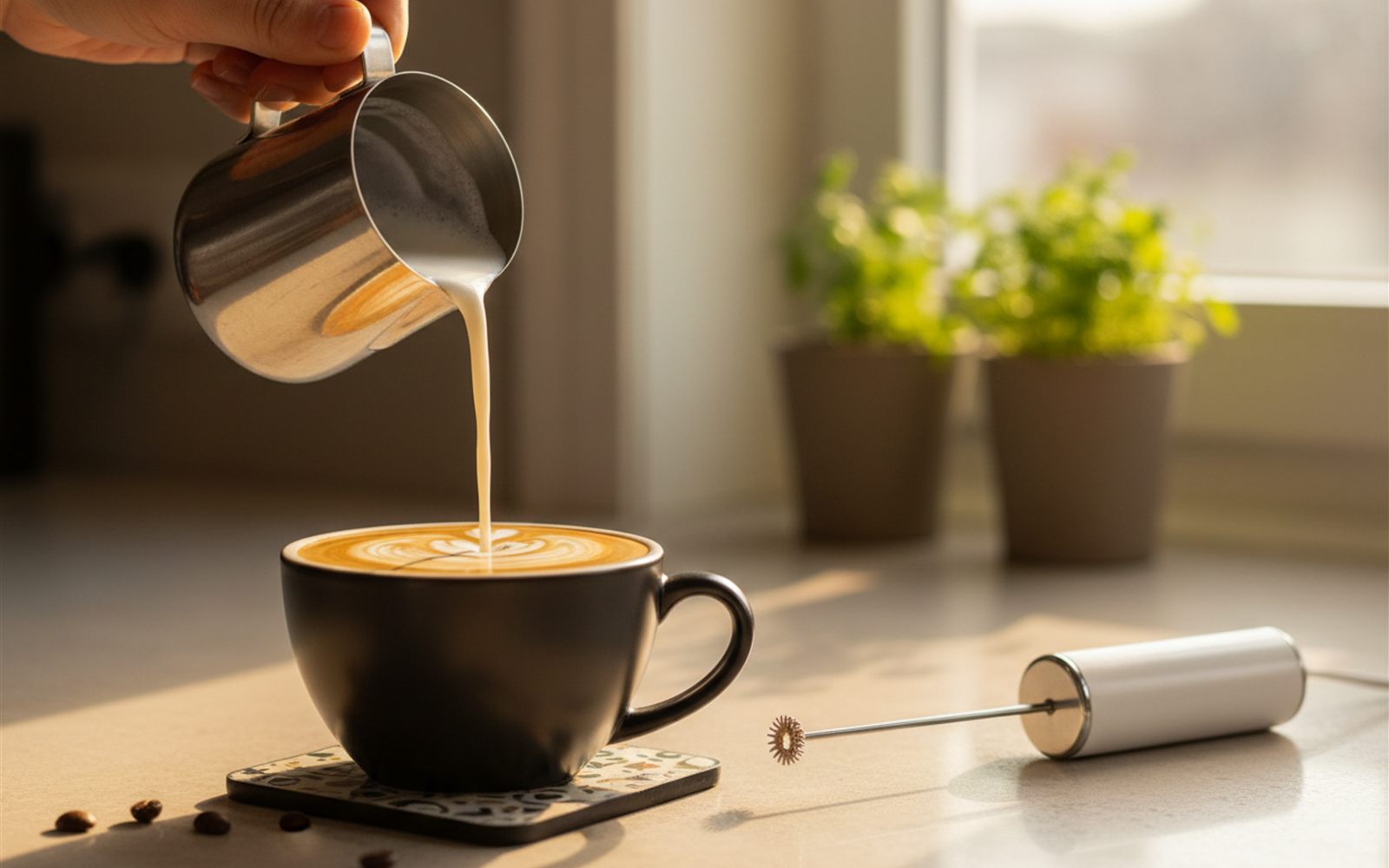 A thick white cap of fresh microfoam pours from a small pitcher over a dark mug of coffee at a sunny kitchen counter.