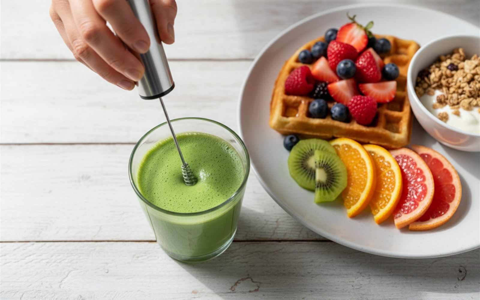 A hand whisks vivid green matcha smooth in a glass with the slim frother while breakfast waits beside it.