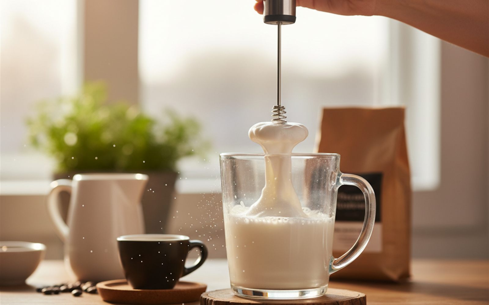 A whirring frother wand turns a mug of warm milk into thick cafe style foam at home.