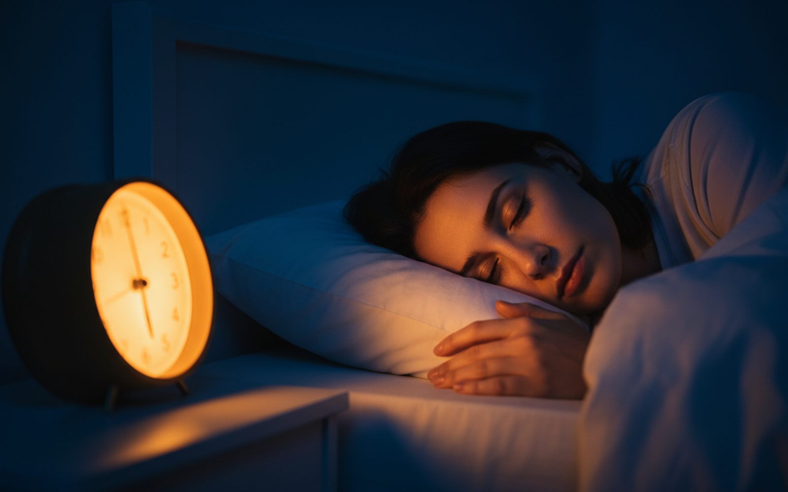 A sleeper waking calmly in a dim bedroom lit only by the warm sunrise glow of the clock face beside the bed
