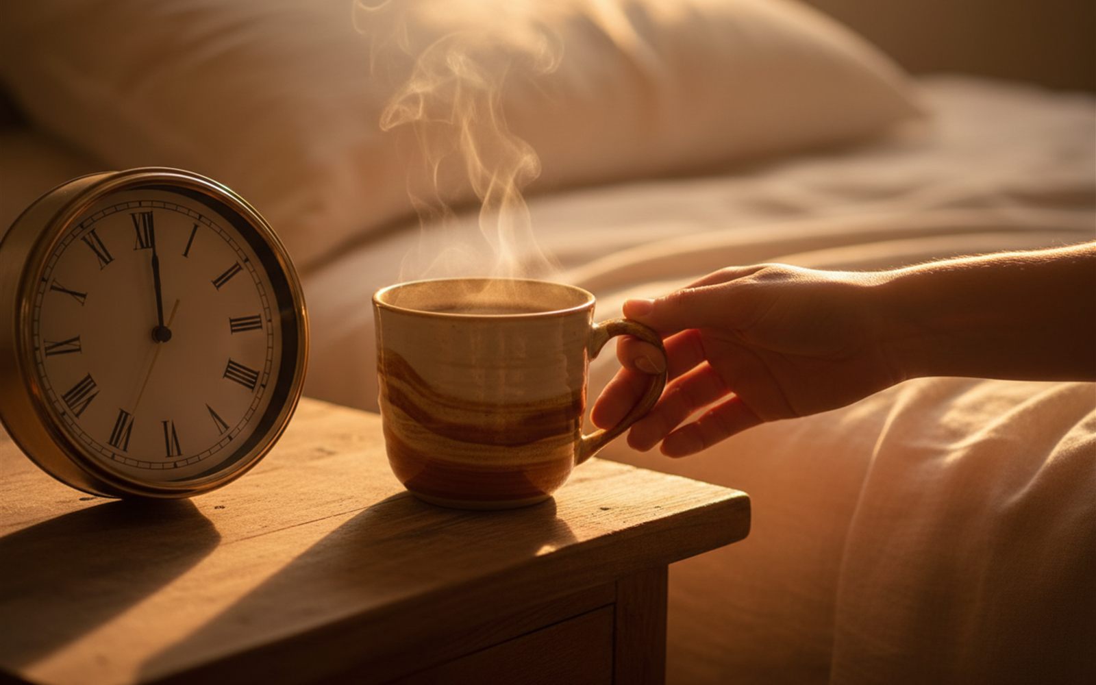Bedside table at golden hour with the clock glowing next to a steaming mug as a hand reaches for it, morning fully arrived