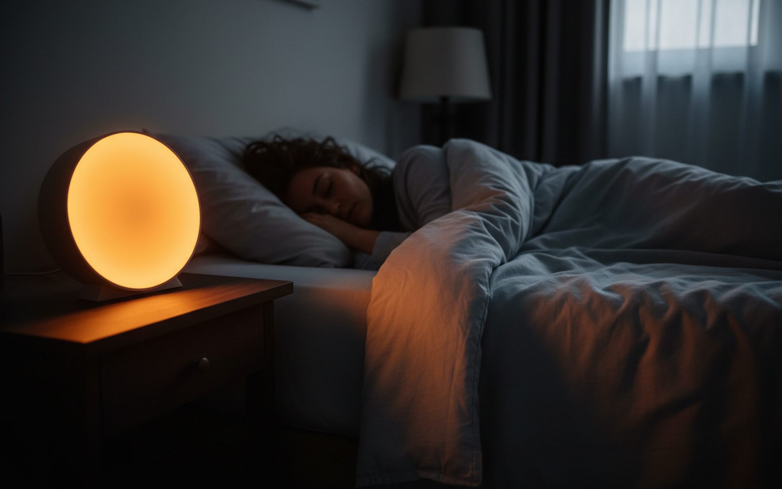 A round clock face glowing warm orange like a dawn sky on a nightstand, soft light spilling across a sleeping bedroom.