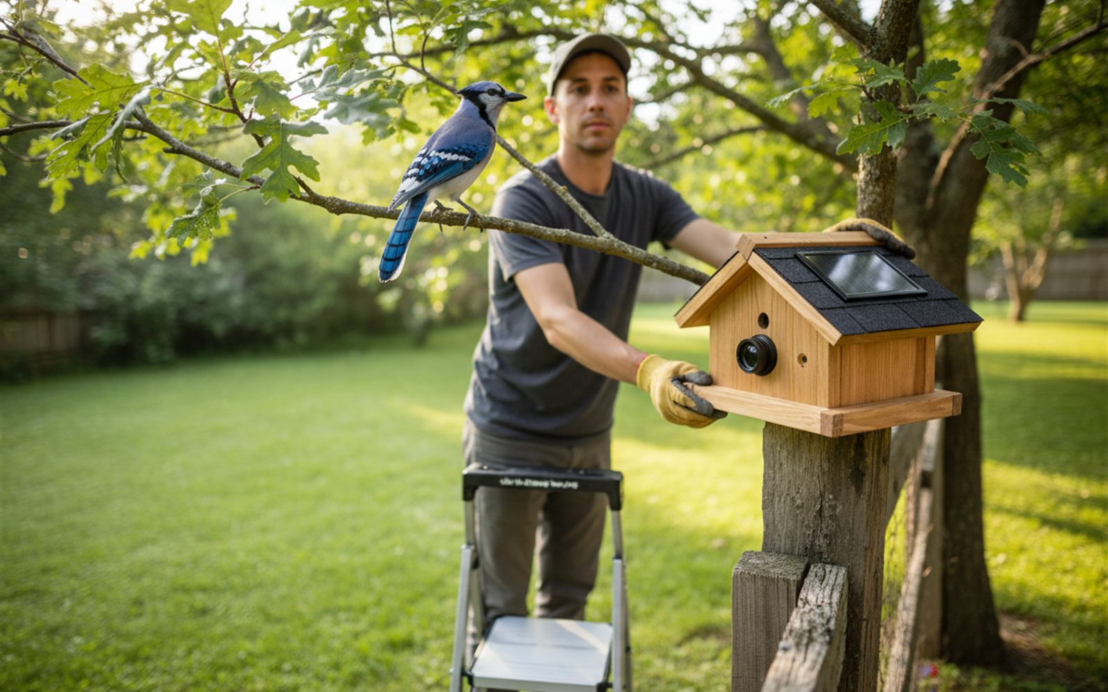 A person on a stepladder mounting a camera bird feeder to a sunny fence post while a curious jay watches from a branch