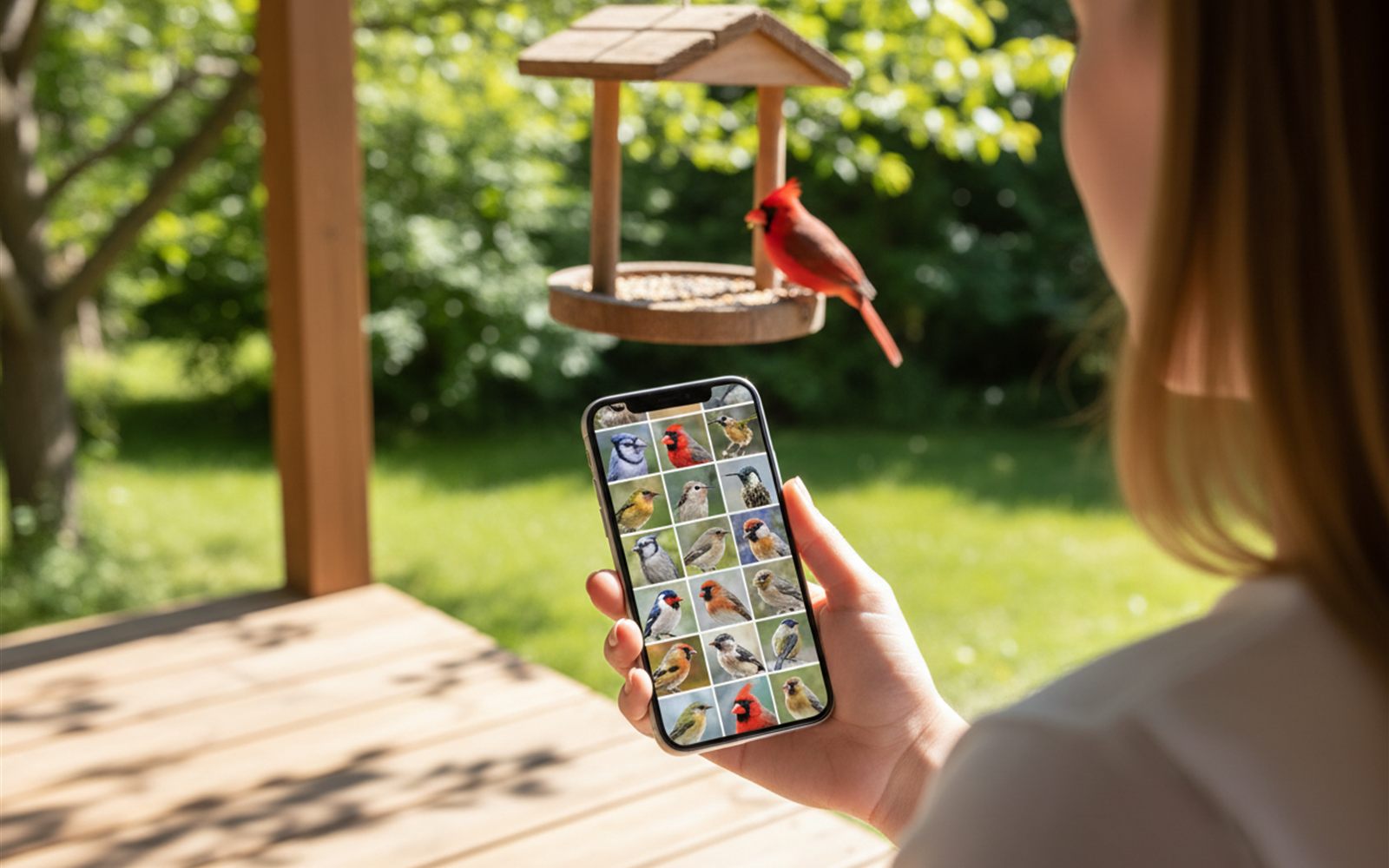A phone holds a labeled gallery of bird portraits while the real feeder hangs in the sunny yard behind it