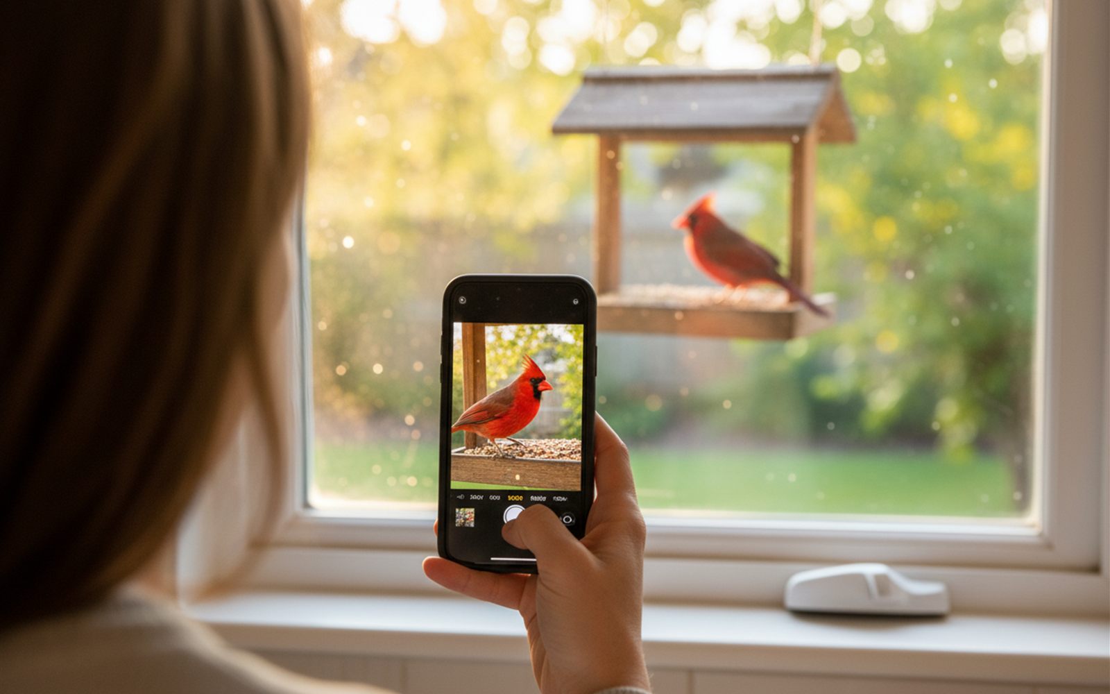 A phone screen showing a crisp portrait of a cardinal mid landing on the feeder just outside the window behind it.