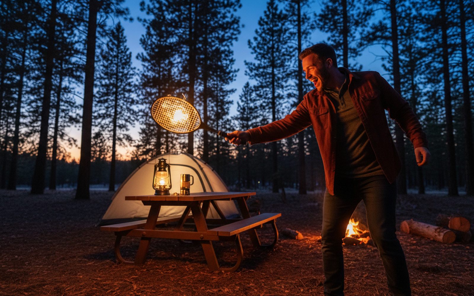 A camper at a glowing picnic table holding the racket mid swing as a spark flashes against the dusk sky