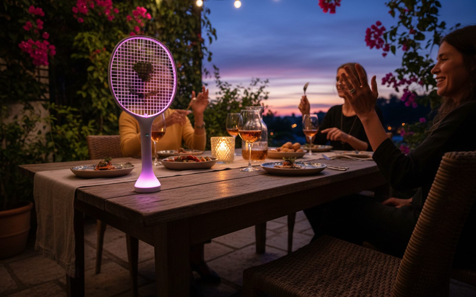 A dusk patio dinner scene with the racket standing on its glowing purple base at the table's edge like a tiny lighthouse