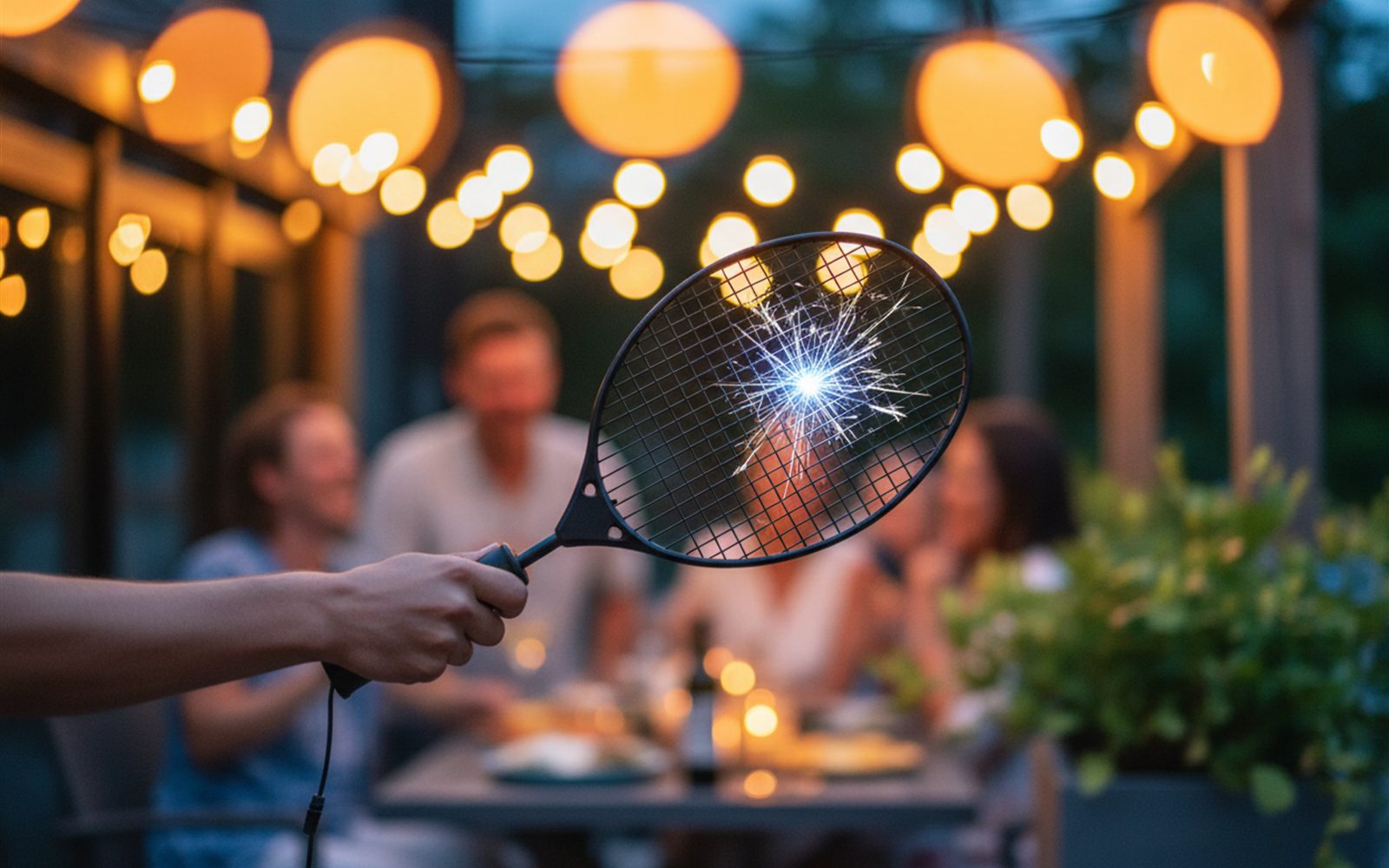 A hand swinging an electric racket on a summer patio at dusk, a tiny bright spark flashing in the mesh.