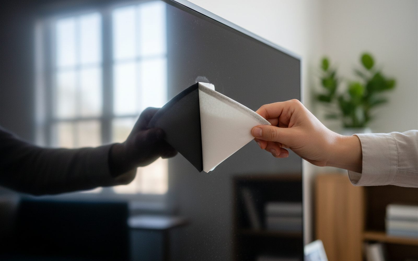 A flattened coffee filter gliding across a dark TV screen, with the collected dust visible along its folded edge.
