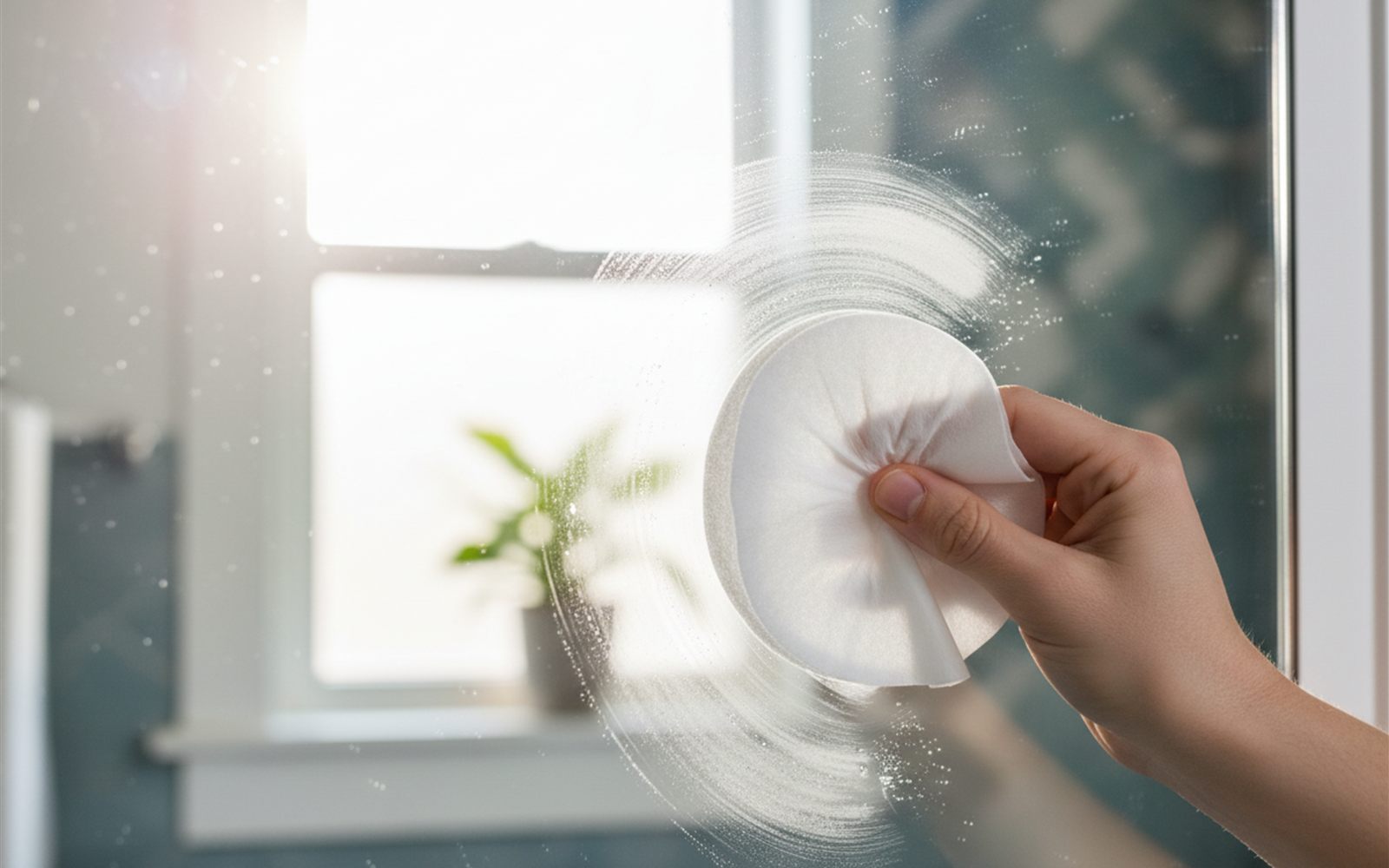 A hand polishing a bathroom mirror to a perfect shine with a plain paper coffee filter.
