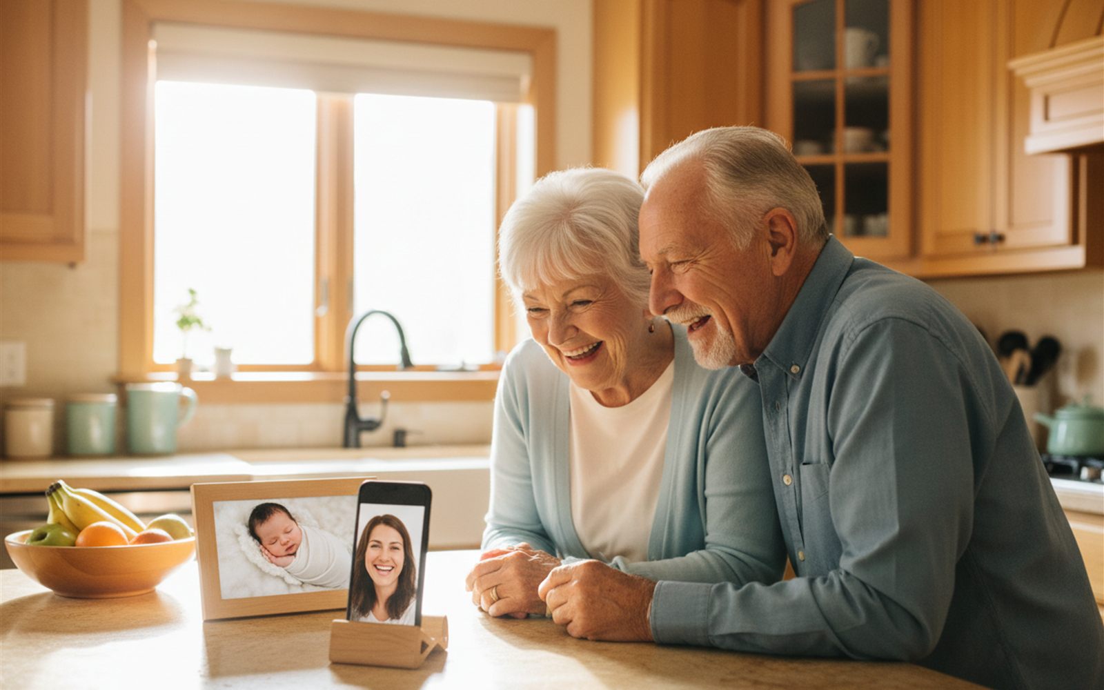 Three generations on a video call cheer as the frame on the counter fades to a new photo of the newest grandchild.