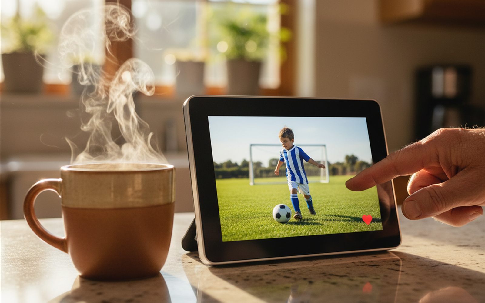 A grandfather taps a heart reaction on the frame's touch screen while morning coffee steams beside it on the counter.