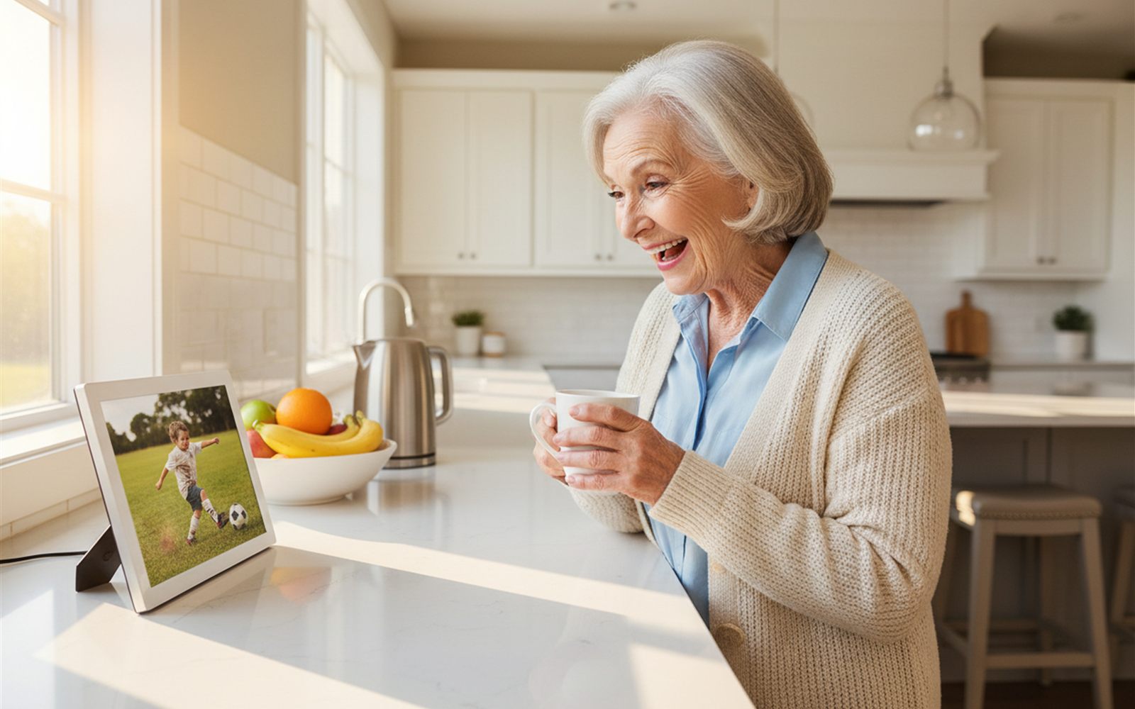 A grandmother smiles at a photo frame on her kitchen counter as a new grandchild picture fades in.