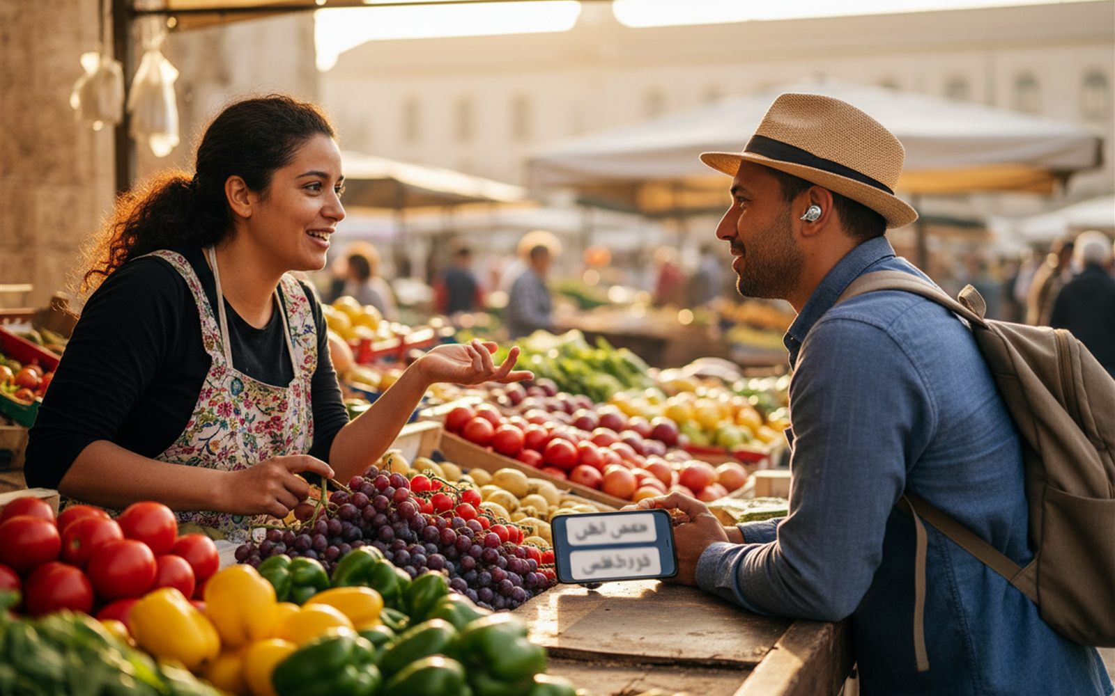 A traveler listens through a small clip earbud while a market vendor speaks and a phone on the counter shows both languages