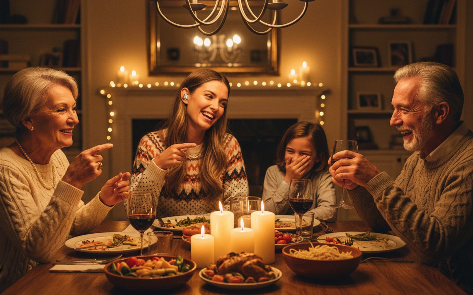 Three generations lean in laughing around a dinner table as a young woman points to the small earbud translating for her grandmother