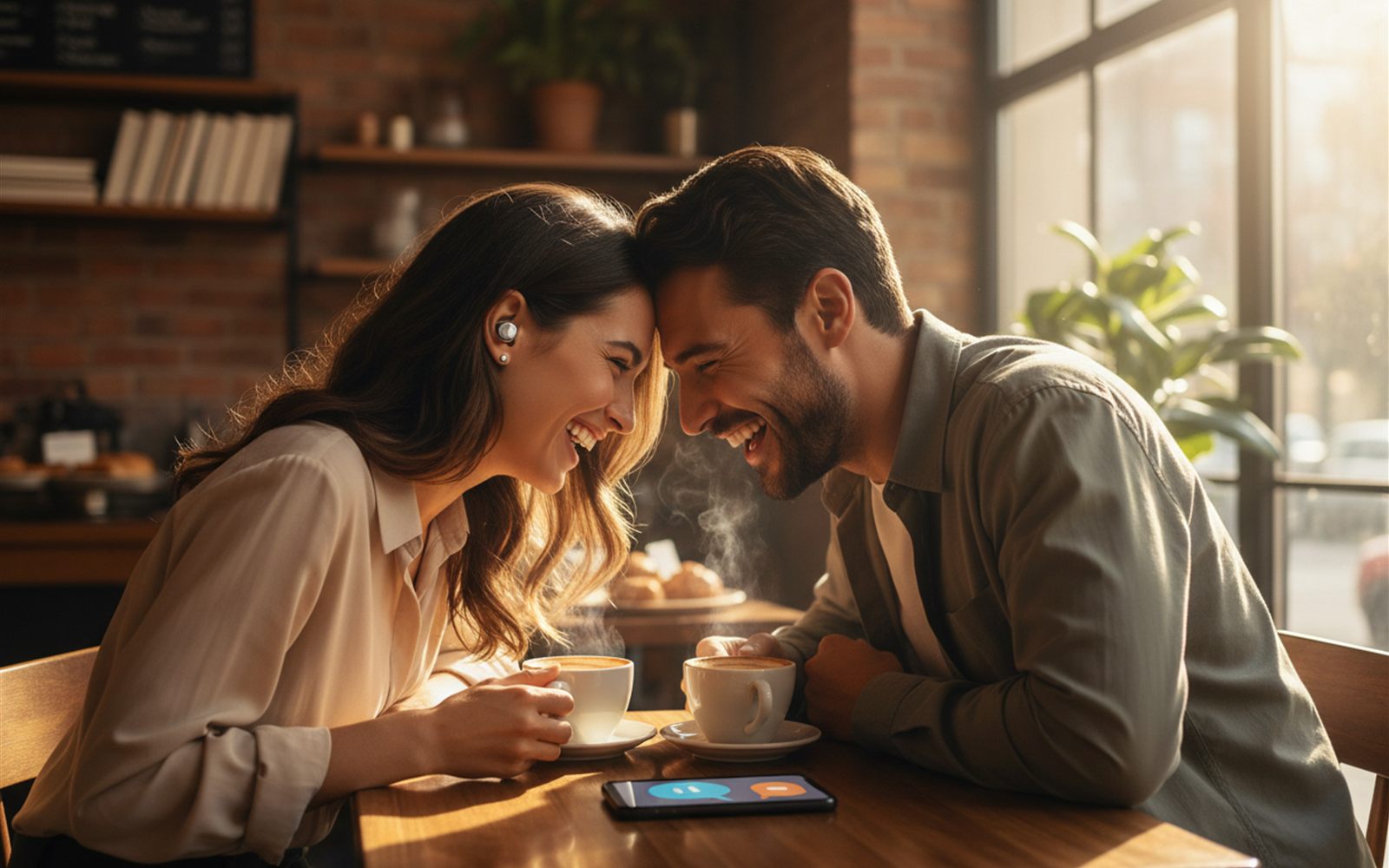 Two people share a coffee and a conversation while a clip on earbud whispers the translation.