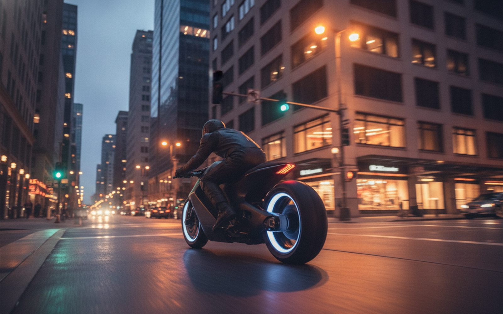 A rider pulls away from a green light on a hubless electric motorcycle with no gear change and no engine noise