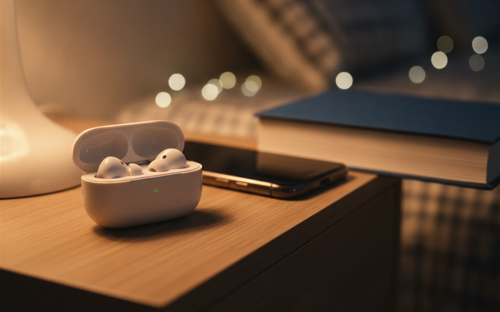 A pair of wireless earbuds sitting open on a nightstand beside a phone at the end of a long day