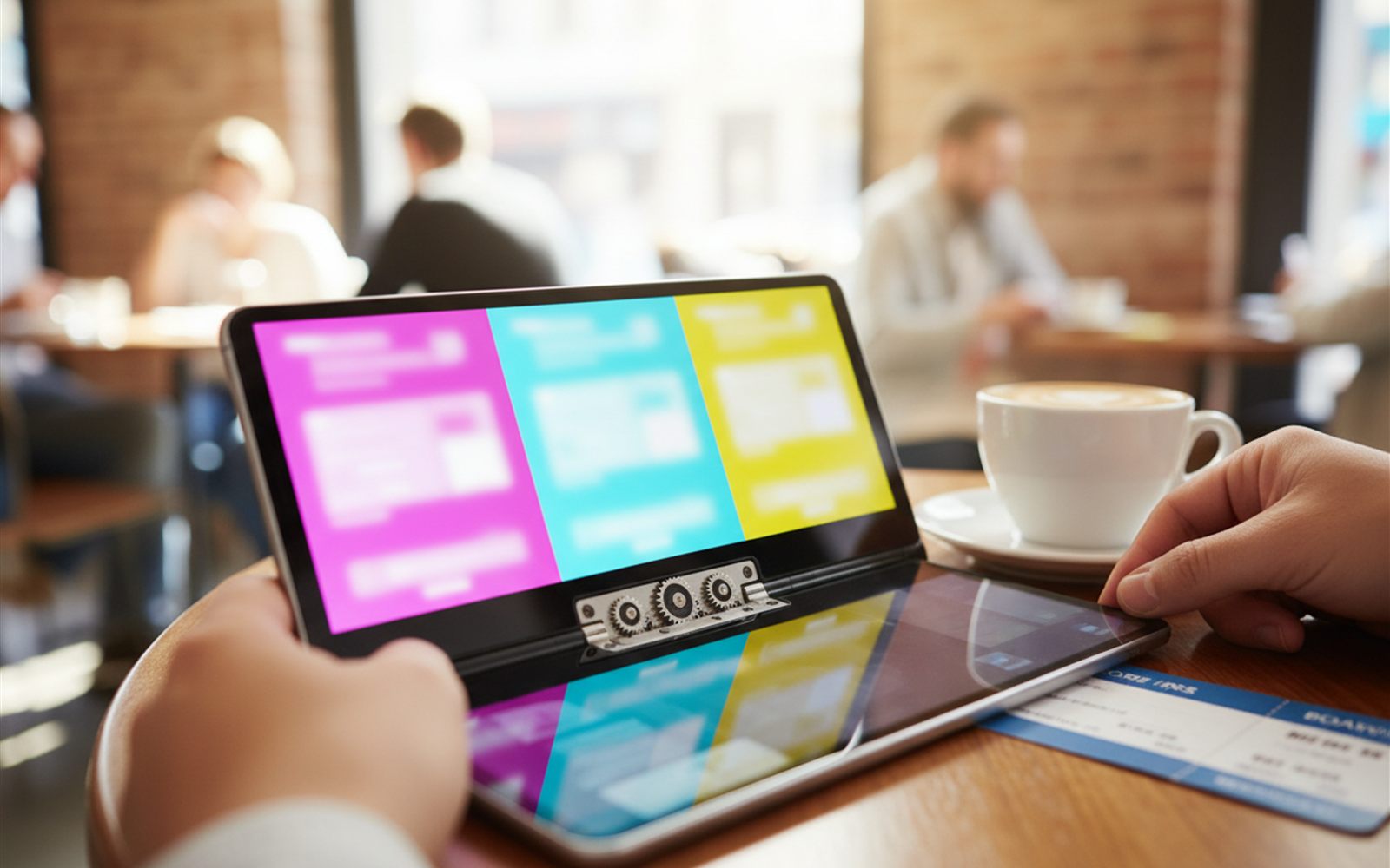 Hands unfold a slim phone twice into a tablet on a cafe table while three apps snap into place side by side