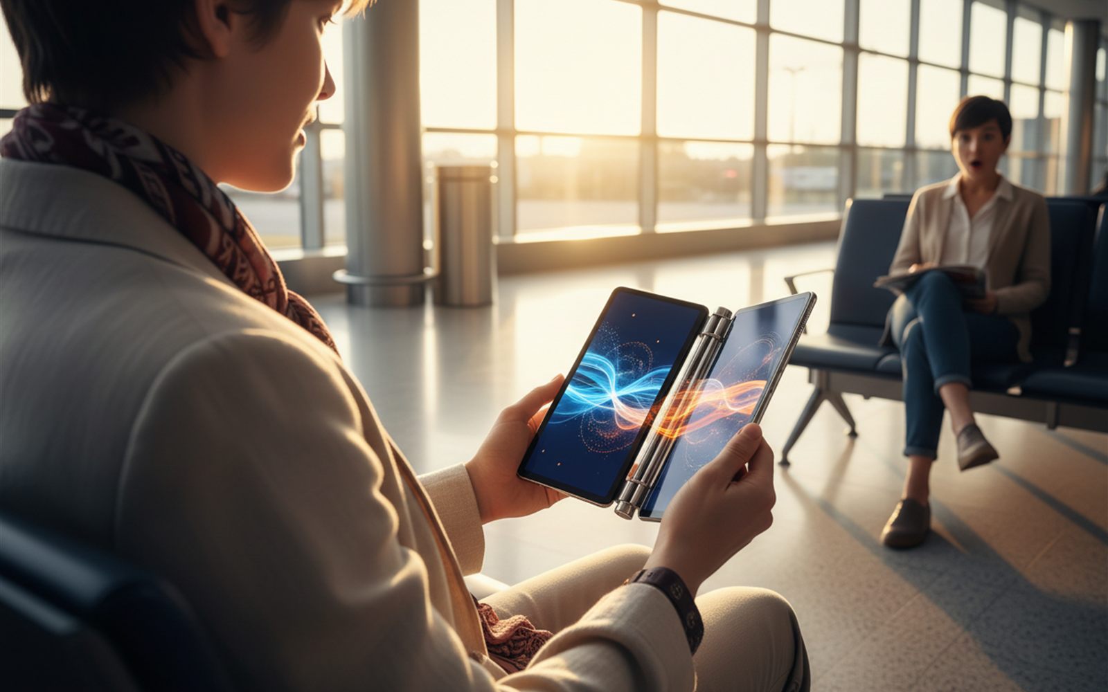 A traveler unfolds a phone twice into a ten inch tablet while waiting at an airport gate.