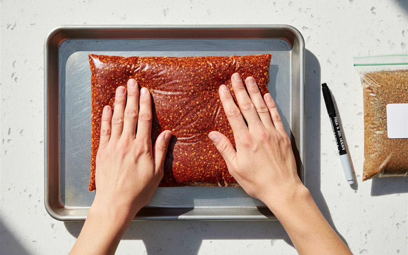 Hands press the air out of a flat freezer bag of chili lying on a baking sheet
