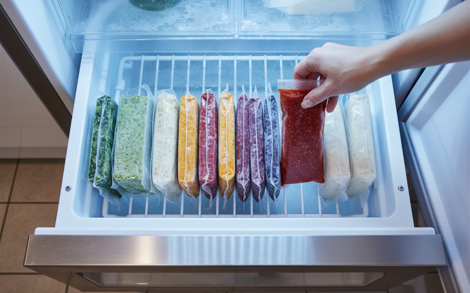 Thin flat bags of frozen chili stack neatly in a freezer drawer, ready to thaw in minutes.