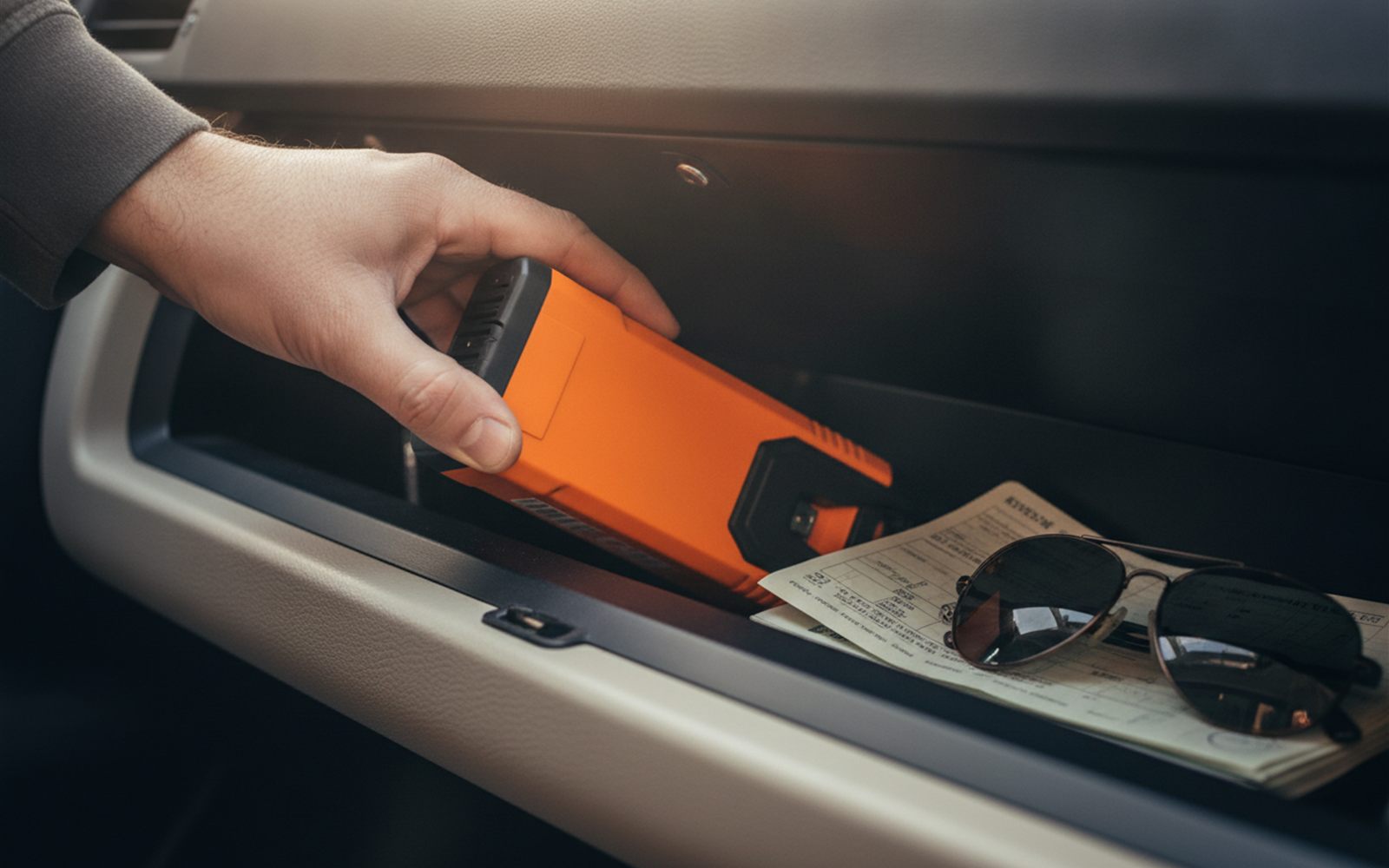 Gloved hands press the boost button as the compact jump starter's lights glow under a hood in a snowy parking lot.