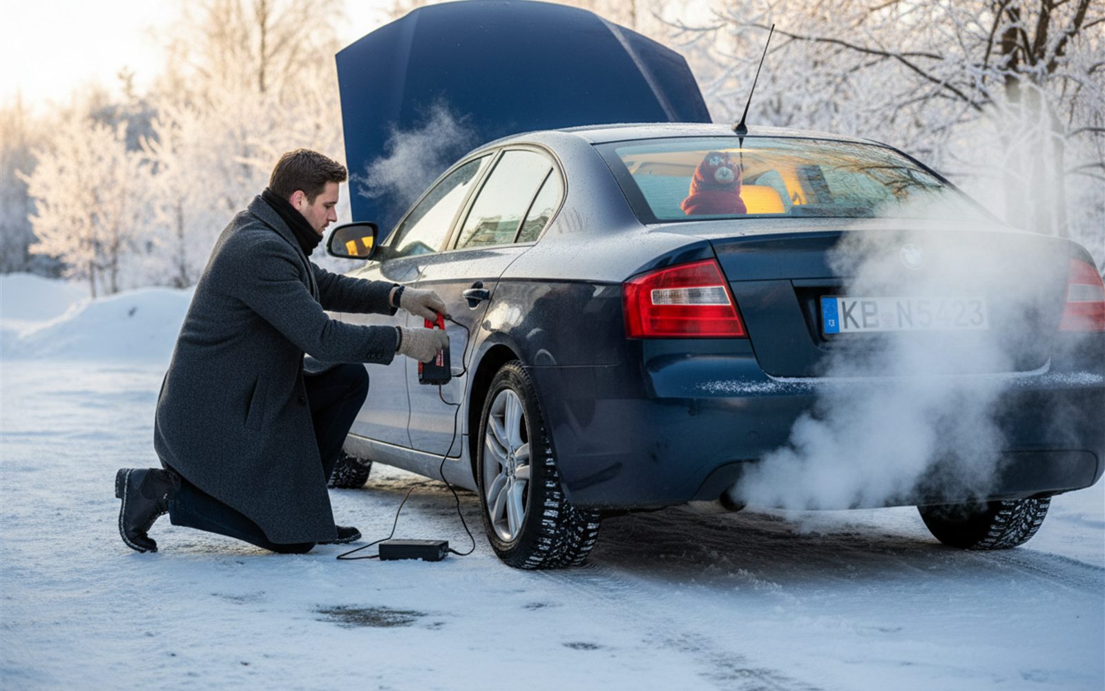 A driver drops the paperback sized jump starter into a glovebox beside the registration papers in morning light.