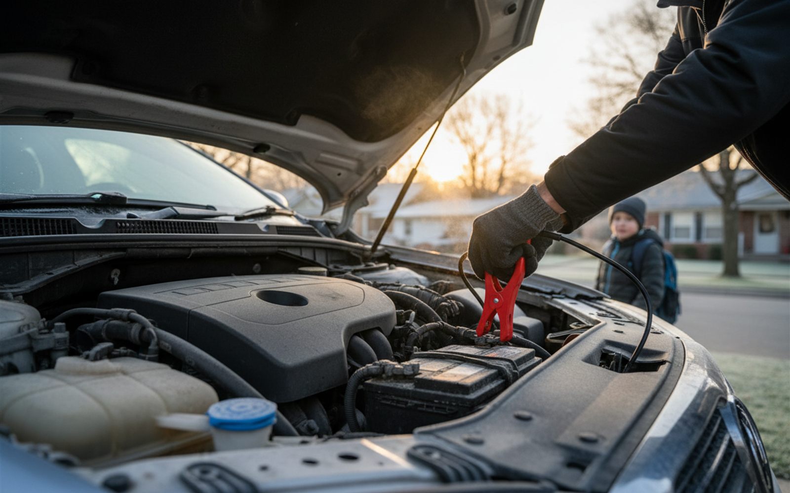 A driver clips a compact orange jump starter onto a car battery in a frosty morning driveway.