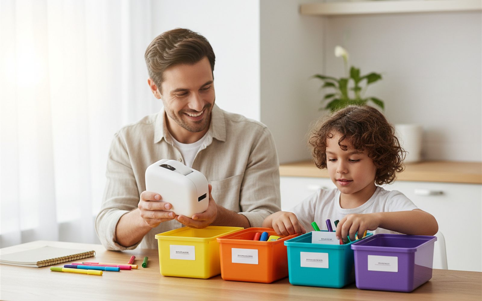 A parent and child at a kitchen table printing tiny labels and sticking them onto school supply bins