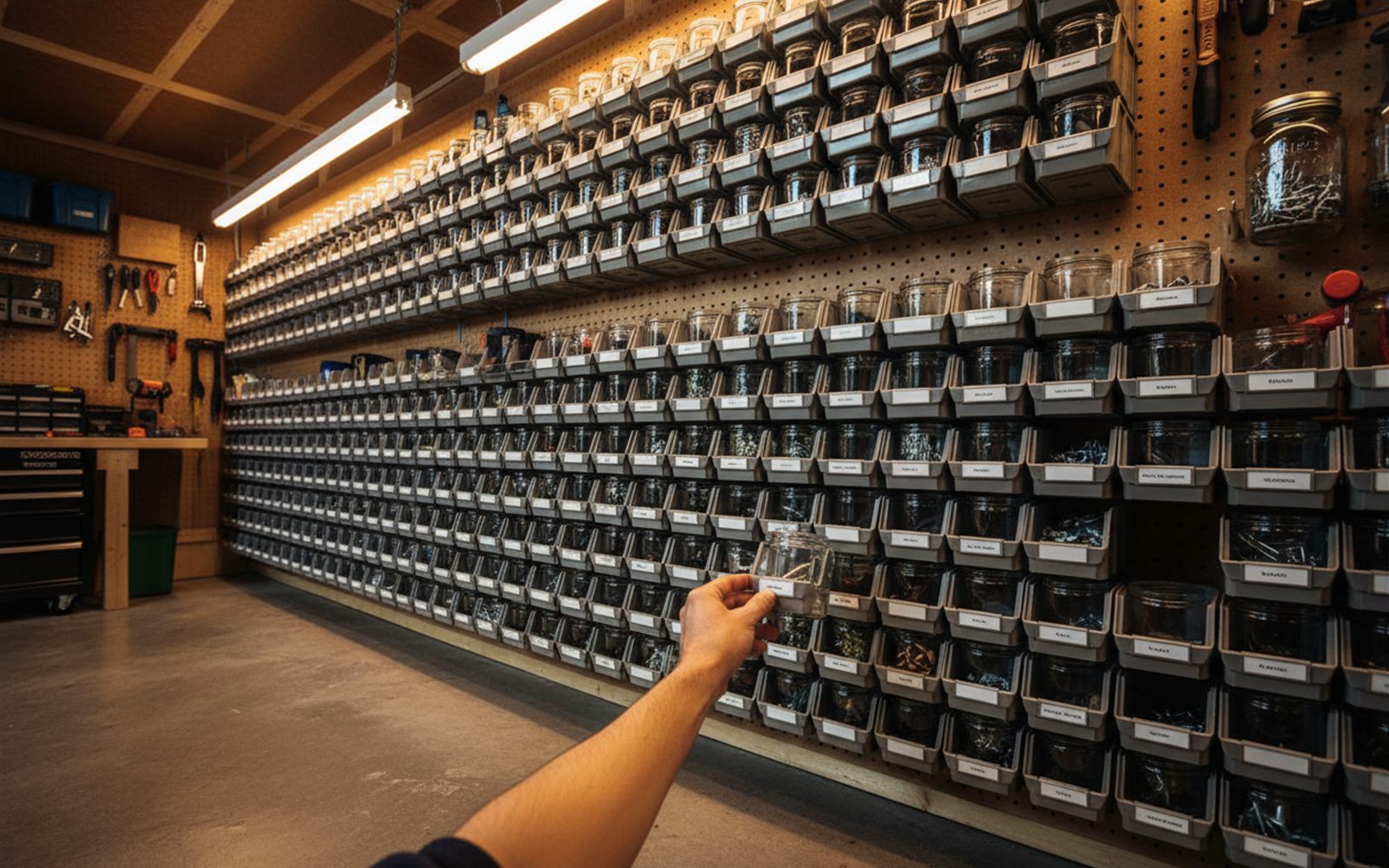 A garage pegboard wall where a hand sticks the final printed label onto a row of neatly organized parts bins