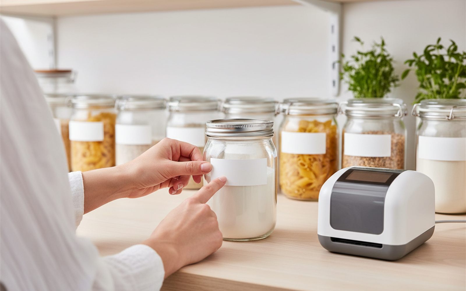 A hand pressing a crisp white label onto a glass pantry jar, a row of freshly labeled jars lined up behind it.