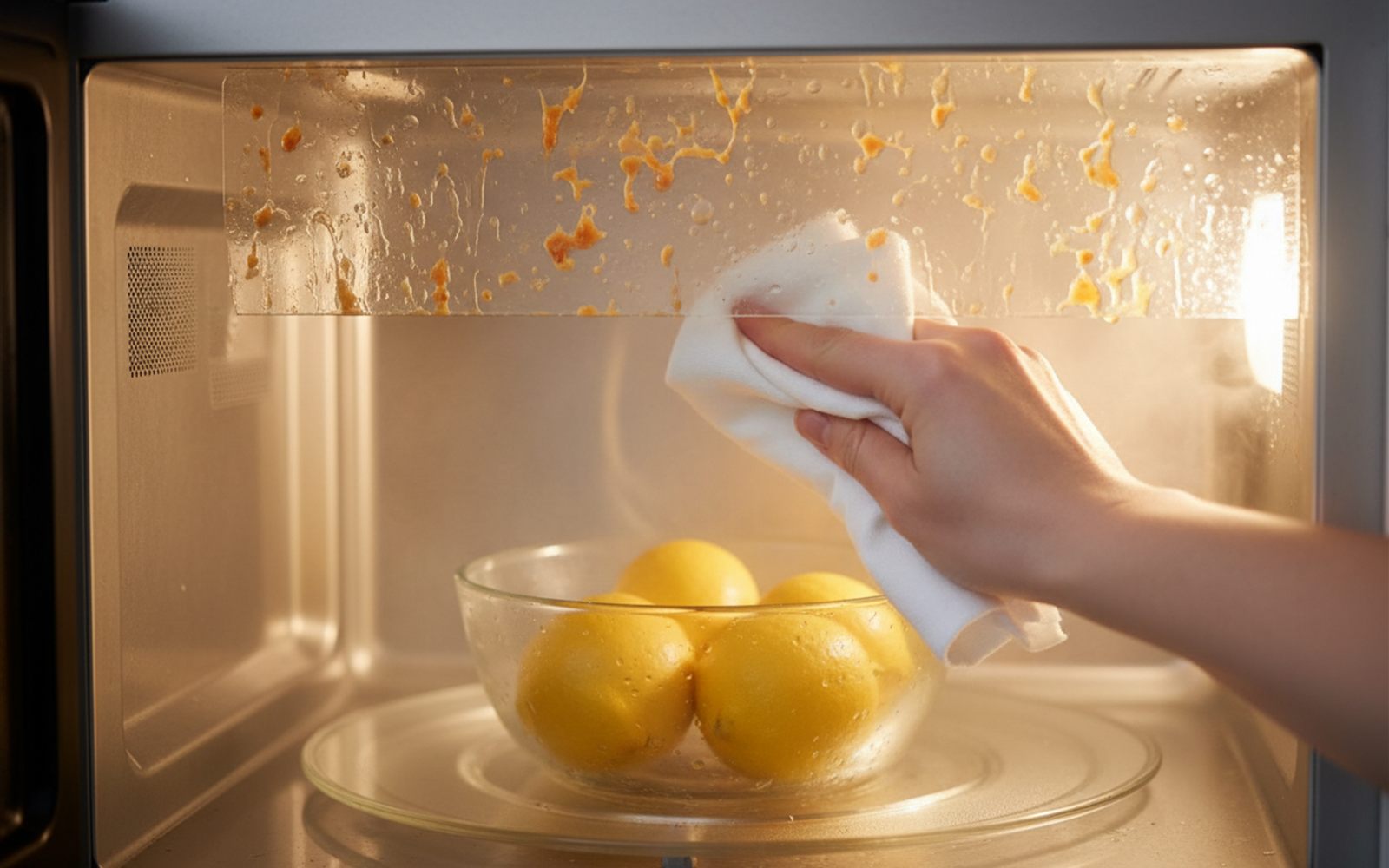 A damp cloth wiping a clean stripe through softened splatter on a microwave ceiling