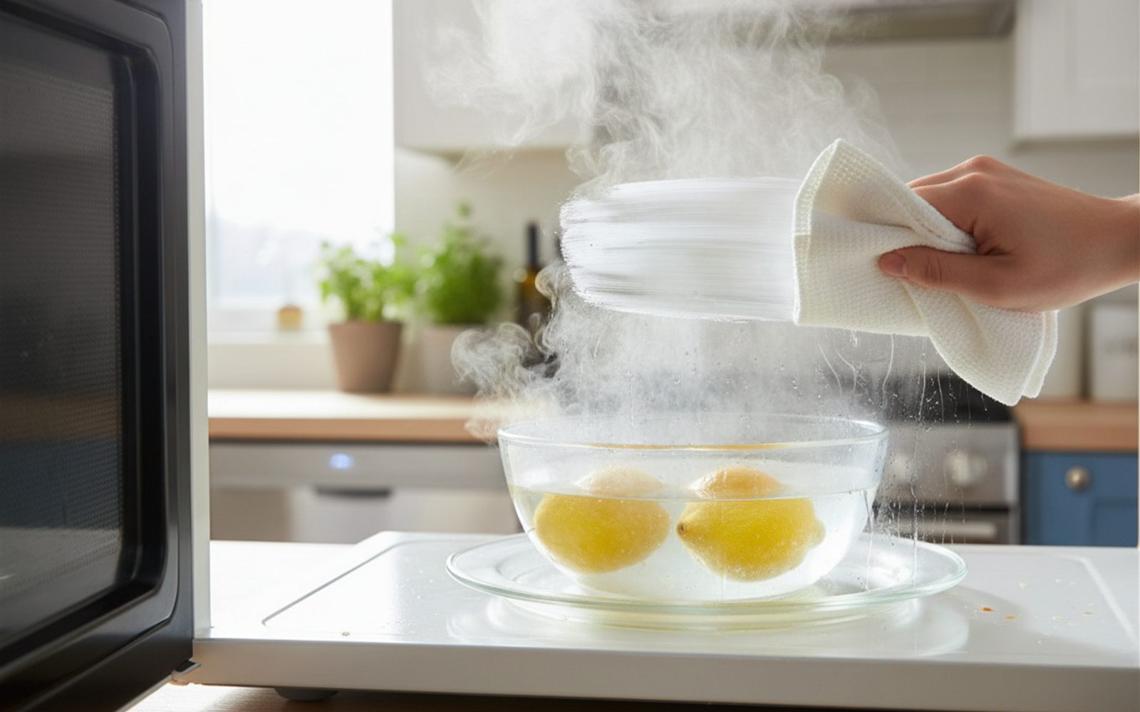 A steaming bowl of lemon water fogging the inside of an open microwave.