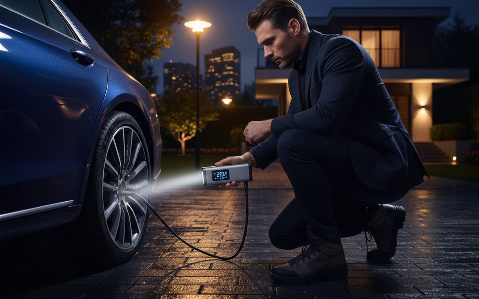 A driver kneeling by a car at night using the pump's built in flashlight beam on the tire valve