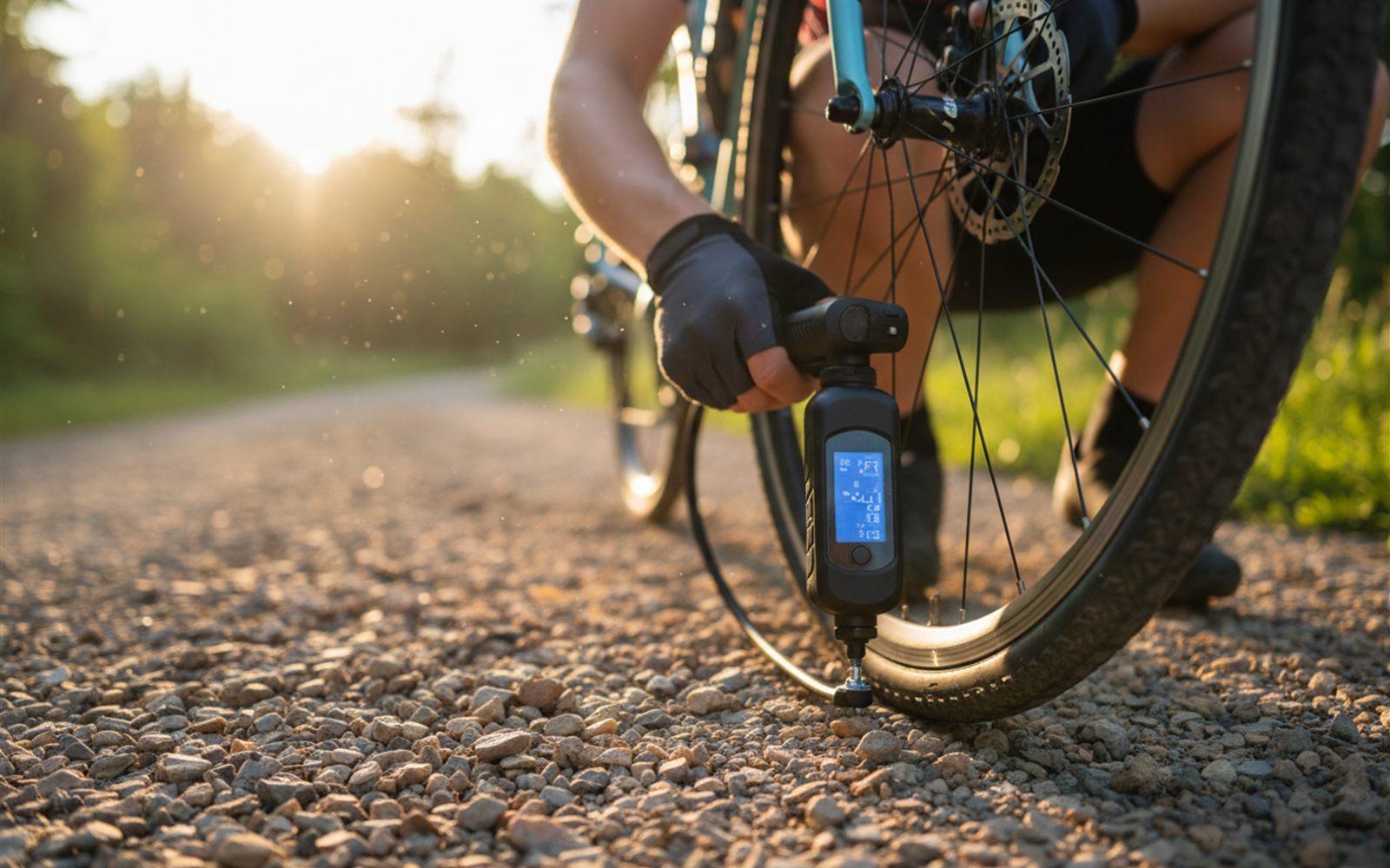 A cyclist on a gravel trail topping off a bike tire with a palm sized pump, the pressure readout facing the camera