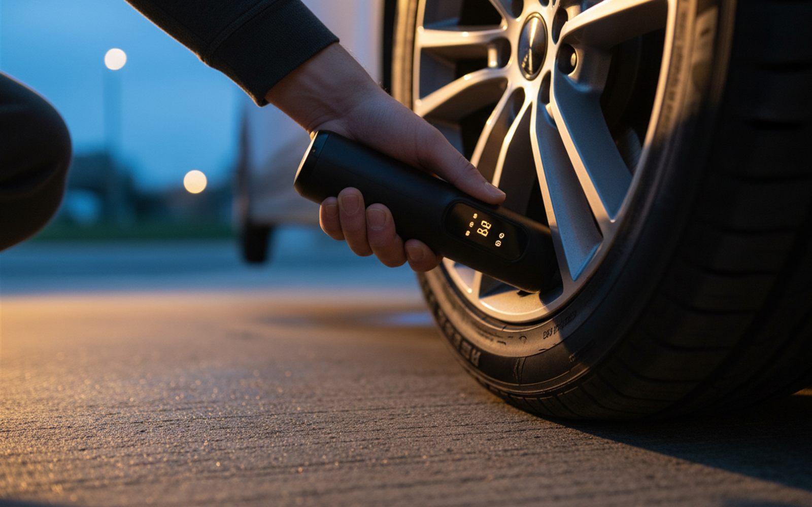 A hand holding a phone sized air pump against a car tire at dusk, its screen glowing with the target pressure.